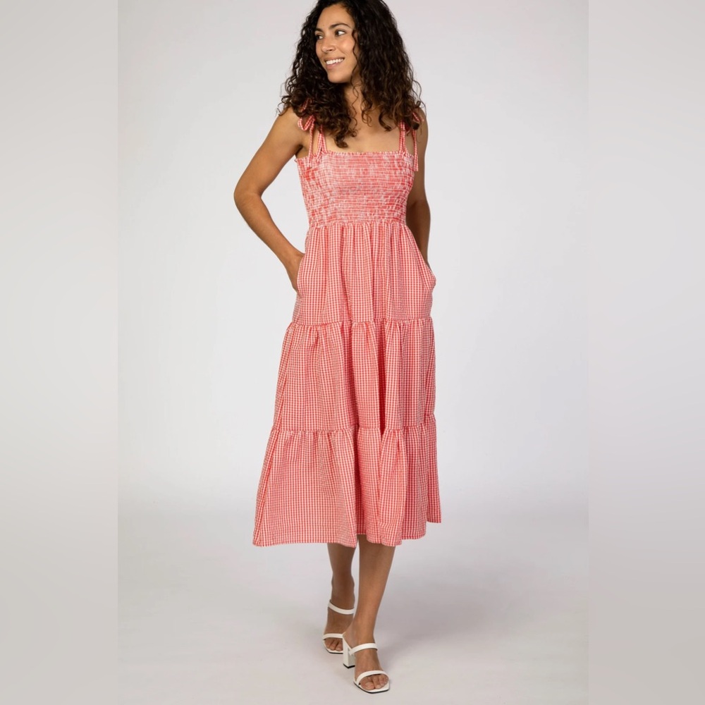 Red Checkered Tiered Midi Dress